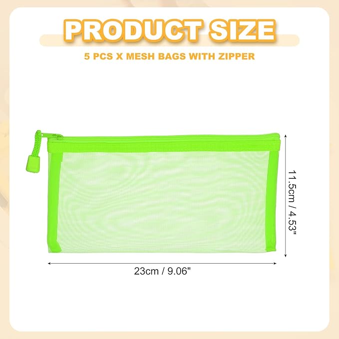 PATIKIL B6 Mesh Zipper Pouch Bags, 5 PCS Mesh Bags with Zipper Plastic Storage Pocket for Organizing File Beads Office Home Supplies, 11.5x23cm, Green