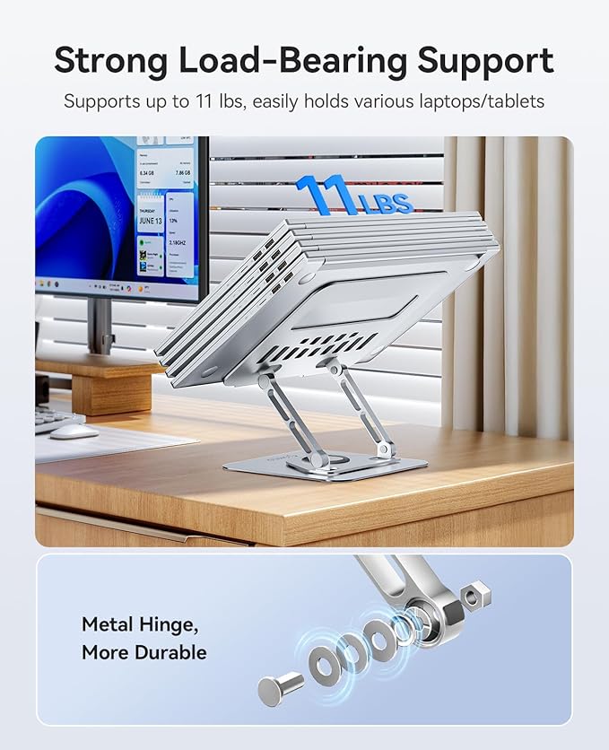 ORICO Adjustable Laptop Stand for Desk, 360° Rotating Base, Foldable Aluminum Alloy Computer Stand with Ventilated Design, Compatible with MacBook Neo/Air/Pro, Dell, XPS, HP up to 17'' - ST12, Silver
