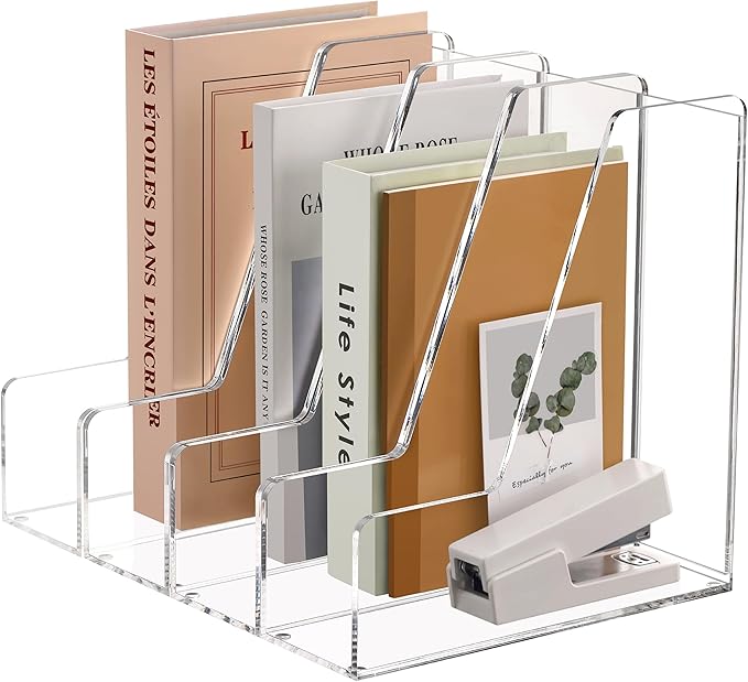 SANRUI 4 Pack Vertical File Holder, Acrylic Desk Organizer Magazine File Sorter for Magazines, Binders, Notebooks, Envelopes, Multi-purpose Clear Document Organizer Rack