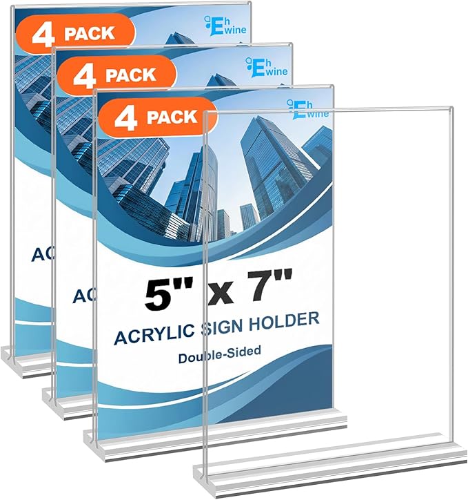 EHWINE 4 Pack Acrylic Sign Holders 5x7 Double-Sided Tabletop Display Stands for Menus Flyers & Signs, Clear Acrylic Picture Frame for Office Business Store & Events