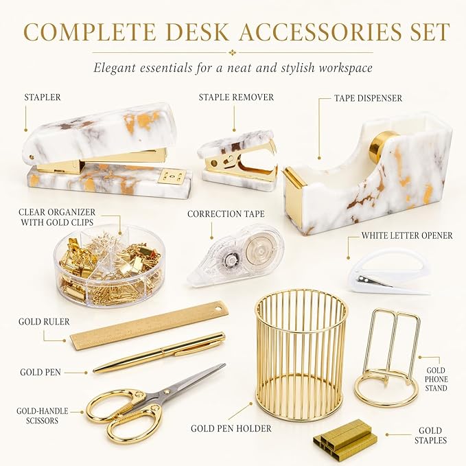 Office Desk Accessories Supplies - 13 Pcs Women Gold Marble Desk Decor Set, Cute Aesthetic Office Essentials Kit, Stapler Tape Dispenser Pen Organizer, Acrylic Mini Teacher Stuff for School Home Work