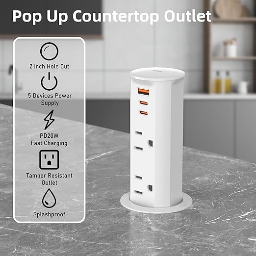 ANNQUAN 2 Pack 2 inch Space Saver Pop Up Outlet for Countertop with PD20W USB Ports,2 Outlets Tamper Resistant,Splashproof Pop Up Socket White (ETL Listed)