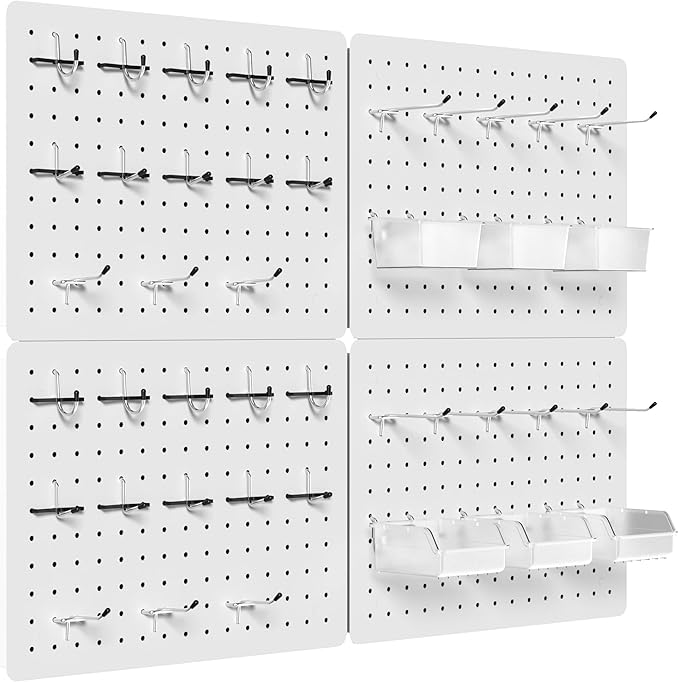 Peg Board for Tools, 4 Pack Metal Pegboard Wall Organizer with Hooks,16"×12" White Pegboard Panels for Walls Home, Garage Tool Storage, Kitchen, Office Organization, Craft Room