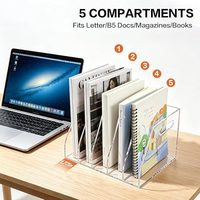 Acrylic Magazine File Holder, 5 Vertical Compartments Desk Document Sorter Organizer, Clear Bookend File Sorter Holder for Office, Documents, Tablets, Magazines, Books