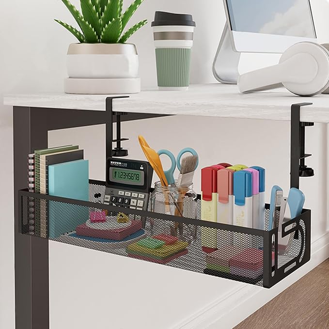 No-Drill Under Desk Cable Management Tray Tool-Free Installation with Dual Silicone Pads | No Adhesive, No Magnets, No Residue | Heavy-Duty Steel Construction for Wood & Glass Desktops (White)