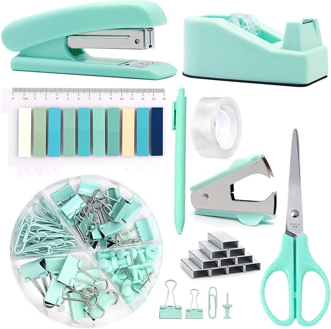 Office Supplies,Green Desk Accessories,Office Supplies Set,Stapler and Tape Dispenser Set,Scissors,Staple Remover,Binder Clips,Staples,Ballpoint Pen,Index Tabs with Ruler,Clear Tape.9pcs for Office