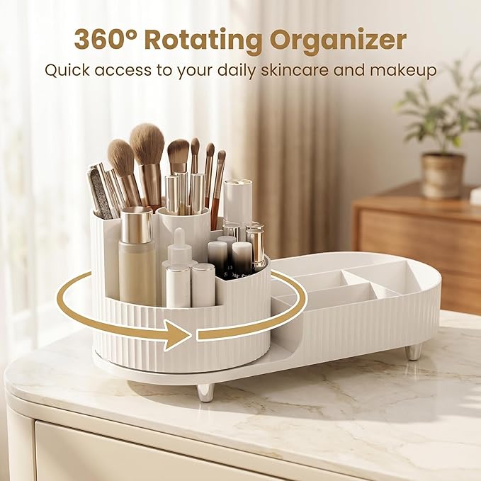 360 Rotating Makeup Organizer for Vanity Large Capacity Cosmetic Organizers with Makeup Brush Holder,Bathroom Counter Organizer and Vanity Organizer,Includes Collapsible Makeup Brush Cleaning Bowl