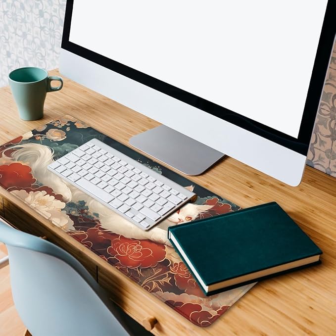 White Cat Mouse Pad Traditional Japanese Auspicious Clouds Extended Mousepad Waterproof Stitched Edges Rubber Base Non-Slip Deskmap Computer Keyboard Mat 31.5x11.8 in
