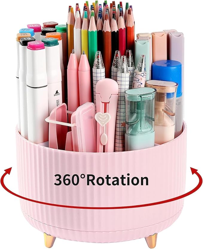 Pencil Pen Holder for Desktop, 360 Degree Rotating Pencil Holder for Desk Organizer, 5 Slots Rotating Desk Pen Organizer for Office School Home, Pink