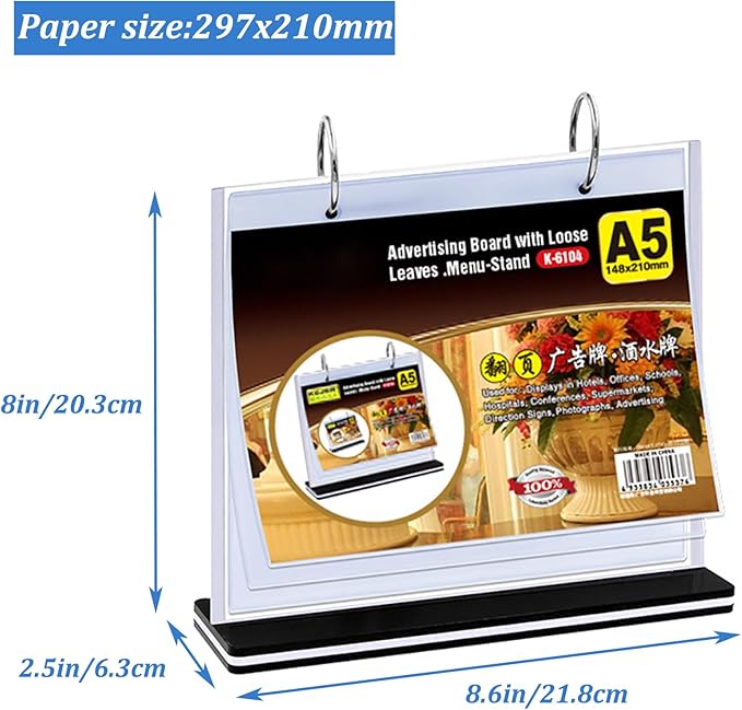 A5 T Shaped Acrylic Sign Holder,Flip Menu Stand （6 Pages, 12 Sides Display）Suitable for Restaurants, Schools, and Shops 8.6x8 Inch