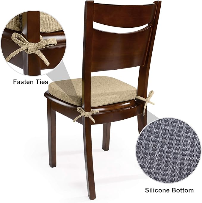 Shinnwa Dining Chair Cushions, Non Slip Seat Cushions for Kitchen Chairs with Ties, 15 x 15.5 inches, Natural Linen