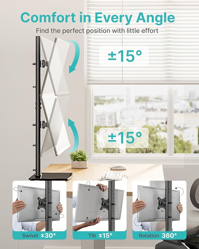 Pegzone Vertical Dual Monitor Stand for 17–34 Inch Screens, Stacked Monitor Mount, Holds up to 33 lbs per Arm, Tabletop Screens Riser with Full Motion, 33.3" Pole 12 Height Settings, 75/100 VESA