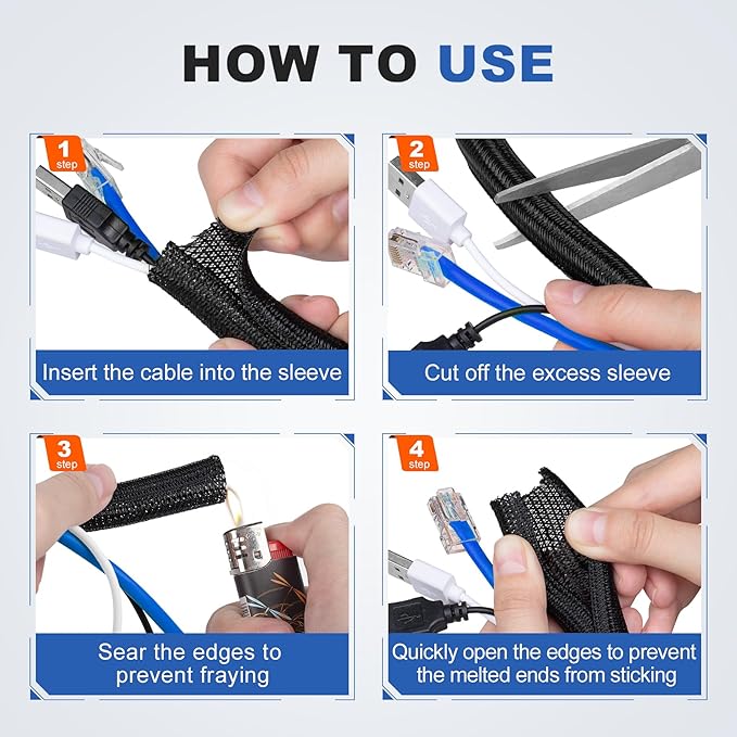 8ft - 3/8 inch Cable Management Sleeve Cord Protector, Split Wire Loom for USB TV Computer, Braided Wire Cover Hider Organizer Tubing Protect Cat Dog from Chewing, Black