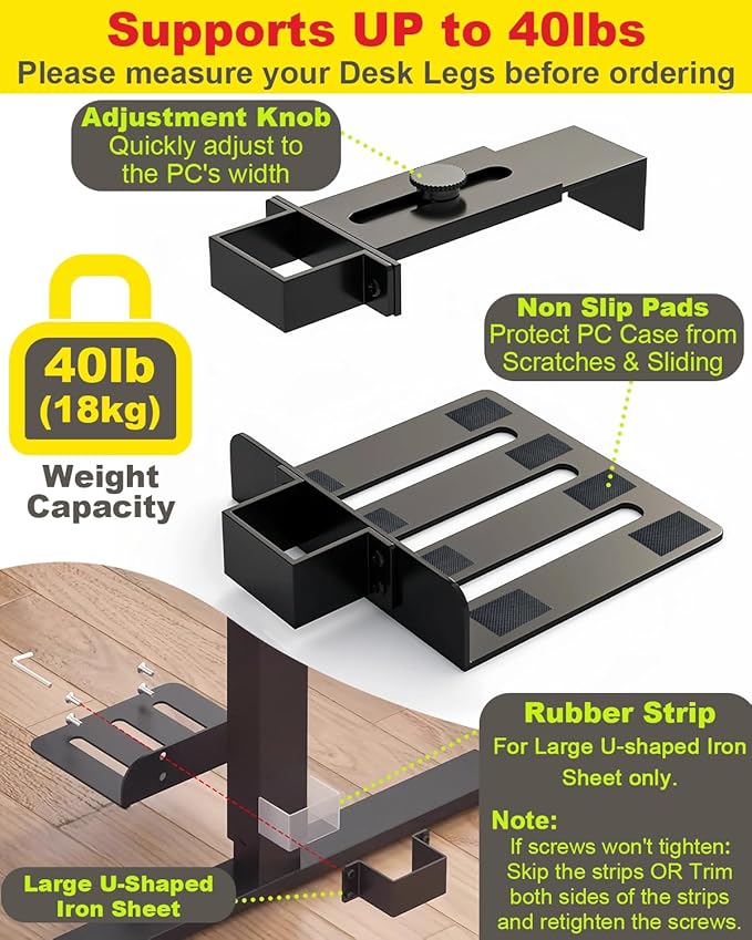 Under Desk PC Mount - No Drilling 40lb Capacity, Computer Holder Under Table, Adjustable Height and Width, Clamp-on Leg PC Mount for Standing Desks(Fits 65mm×45mm Legs only), with Non-Slip Pads, White