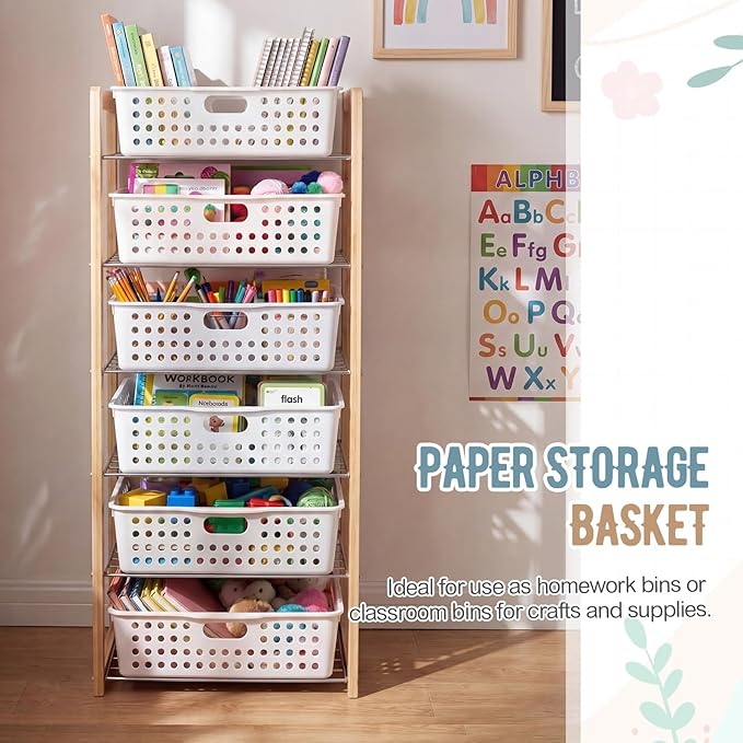 Geetery 12 Pack Classroom Storage Baskets with Handle 14''x10'' Paper Tray Holds A4 Turn in Trays Plastic Paper Baskets Desk Organizer Bin for Classroom, Library, Office, Home (White)