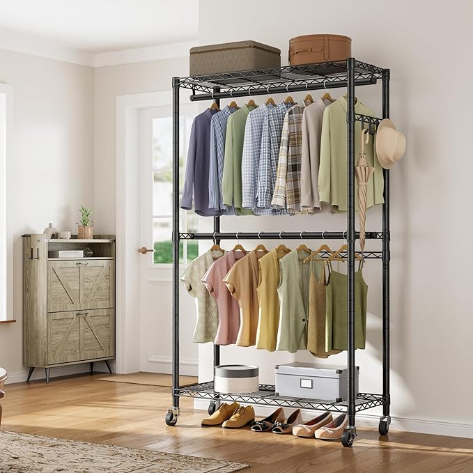 Heavy Duty Clothes Rack Rolling Garment Rack,2 Tier Adjustable Wire Shelving Clothing Racks for Hanging Clothes with Double Rods&Side Hooks,Freestanding Wardrobe Storage Rack Metal Portable Closet
