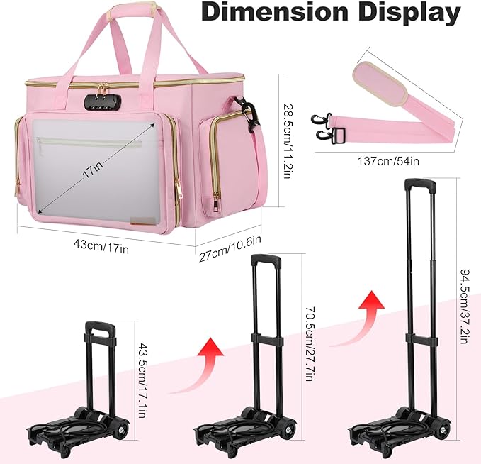 Housolution Rolling Teacher Bag with Wheels, Fits for 17" Laptop, Teacher Tote Bag with Detachable Trolley, Laptop Work Case with Anti Theft Lock, Briefcase Cart with Accordion File Organizer, Pink