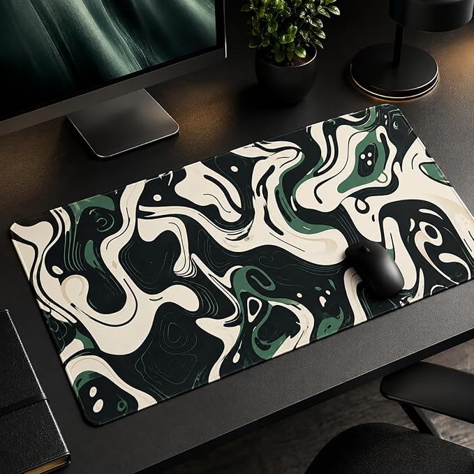 AQQA Abstract Topographic Map Green and White Pattern with Lines Gaming Mouse Pad Long XL Desk Mat for Desktop Mousepad with Non-Slip Base Stitched Edge Keyboard Mat for Office Home 31.5" x 15.7"