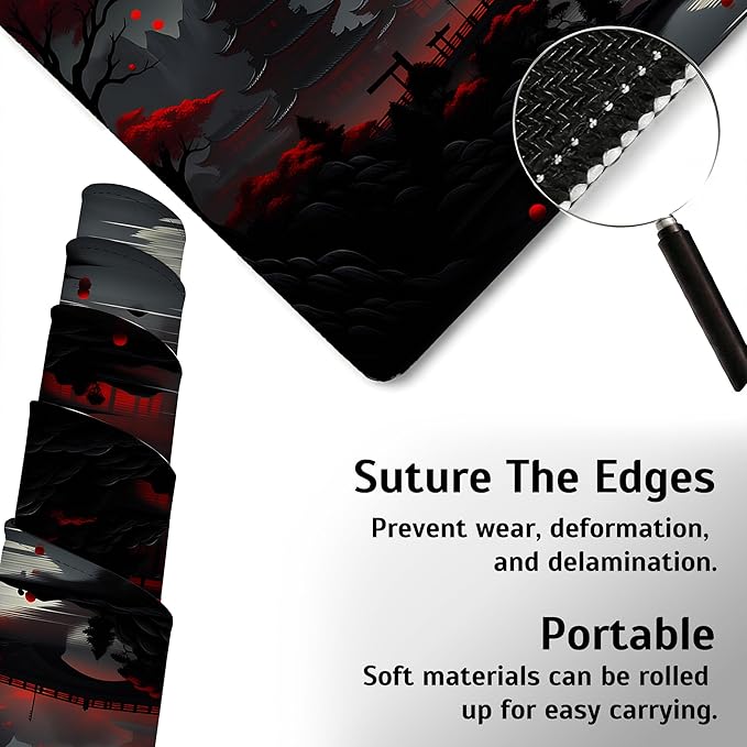Japan Red Black Full Moon Mouse Pad,35.4 x 15.7 Inch Large Mouse Mat Non-Slip Rubber Stitched Edges for Writing Desk,Office,Home,Laptop