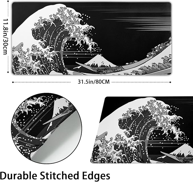 Extended Large Gaming Mouse Pad 31.5x11.8 in Desk Mat Mouse Pads，Japanese Sea Wave Laptop Mousepad PC Keyboard Waterproof and Non-Slip XL Rubber Table Mat Black and White Kanagawa Surfing