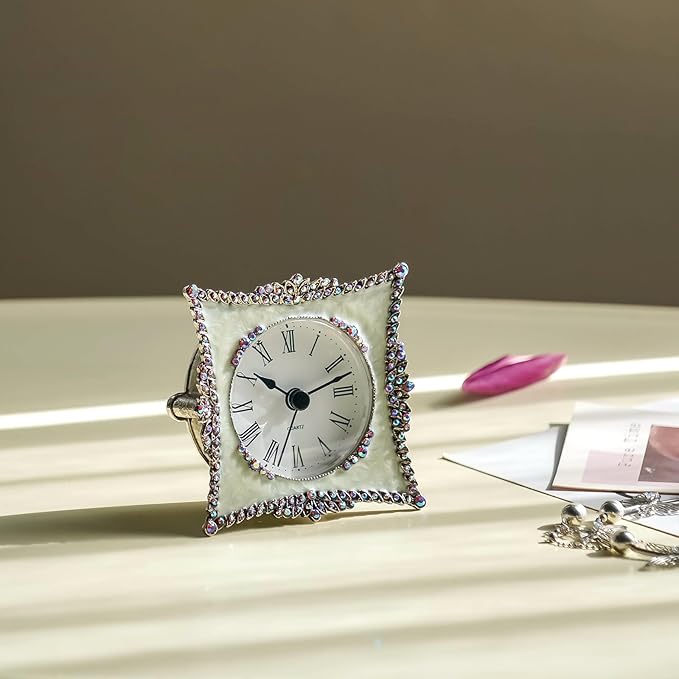 NIKKY HOME Crystal Elegant Small Quartz Analog Table Clock with Rosy Rhinestone Non-Alarm Desk Clock 3.5 by 1.5 by 3.5 Inches, White and Pink