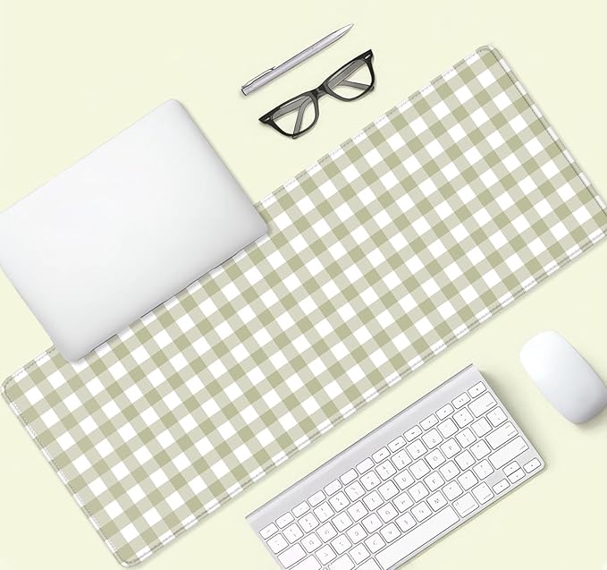 Green Checkered Large Gaming Mouse Pad Cute, Aesthetic Pattern Desk Pad, Kawaii ‌Pastel Vintage‌ Girly Keyboard Computer Mat, Mousepad, Accessories Office Decor for Women, 31.5 x 11.8 inch