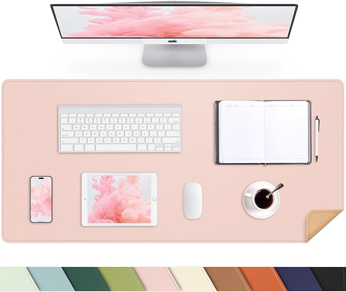 AFIING Cork Desk Mat 35.4" x 17", Dual-Sided Natural Cork & PU Leather Desk Pad, Non-Slip Waterproof Mouse Pad for Office, Home & Gaming (Rose Pink)