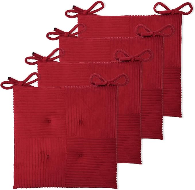 Office Stacking Chair Cushions 4 Pack, Corduroy High Density Foam Kitchen Seat Cushions with Ties, Square 17" x 17" Indoor Non-Slip Dining Chair Pads, Red，4pcs