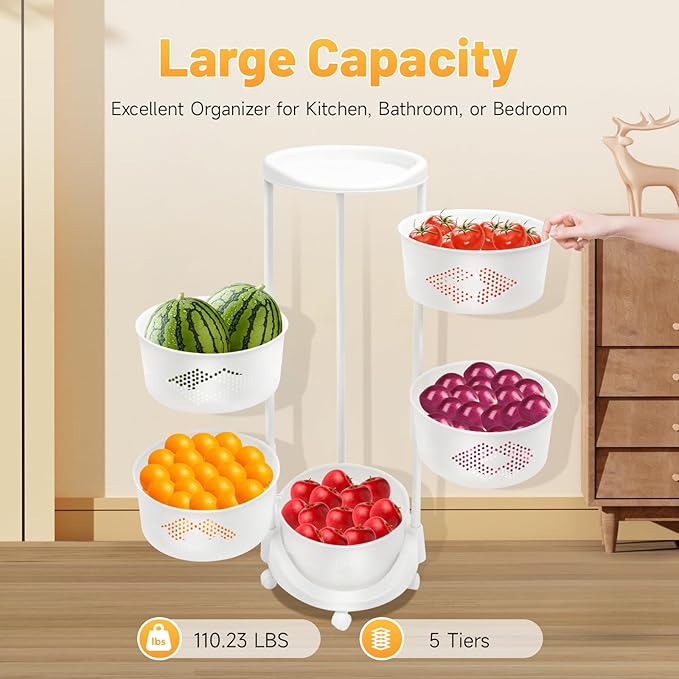 Fruit Basket for Kitchen, 5 Tier Circular Rotating Basket Large Storage Rack with Wheels, Standing Shelf Storage, Multi-Layer Storage Shelves with Top Lid for Living Room, Office, White (5-Tier)