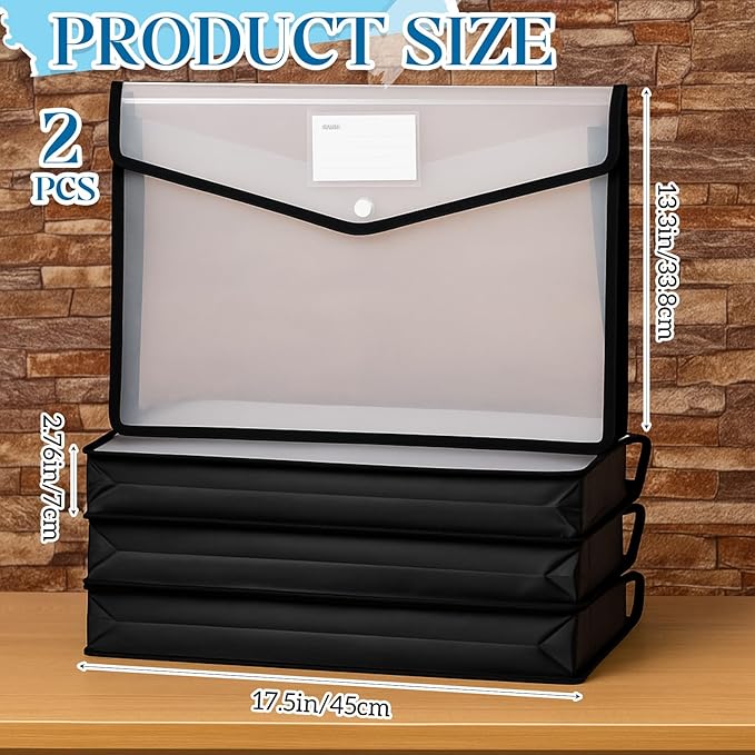 AmazingSpark 2 Pcs 11 x 17 Inch Expandable Tabloid Size Document Folder Organizers with Snap Closure & Label, Clear Plastic Expanding File Folder for A3 Ledger Size Plots Charts (Black)