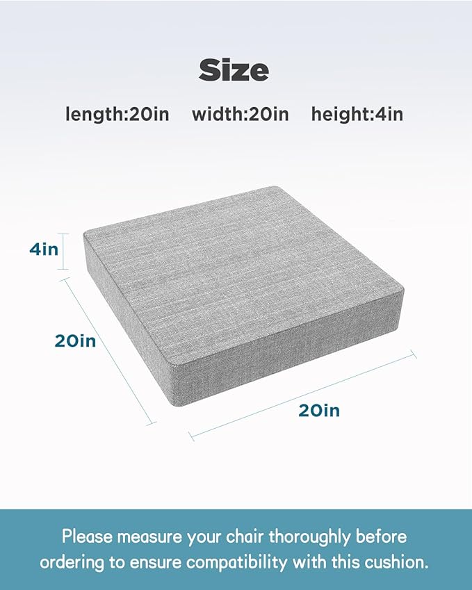 Recliner Cushion for Elderly 20x20in,Memory Foam Seat Cushion Soft and Comfy for Long Sitting on Recliner Chair,Couch,Armchair,or As Floor Pillow,Large Chair Pad (Medium Soft Grey, 4 in thickness)