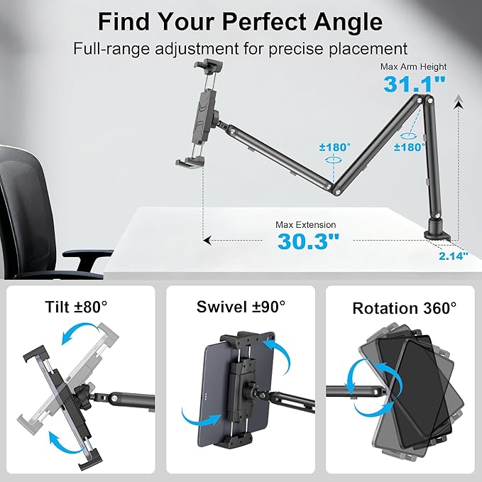 Portable Monitor Stand 15.6", Heavy Duty Tablet Arm Mount with Desk Clamp, Sag-Free Adjustable iPad Holder for Bed, 360° Foldable Arm Fits 4.7"-18.5" iPad Pro/Air/Mini, 2.2lbs Capacity, Matte Black