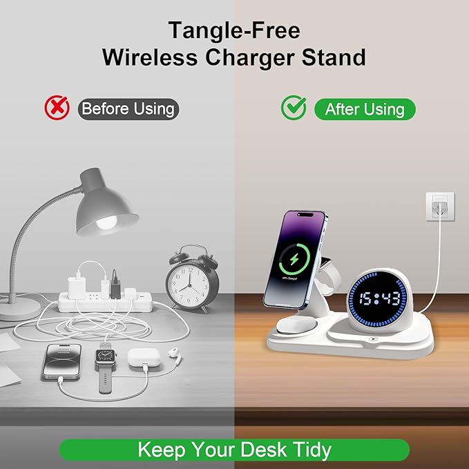 6-in-1 Wireless Charging Station with Bluetooth Speaker,Digital Clock and Ambient Lights,Fast Wireless Charger for for Multiple Devices for Apple - iPhone 17 16 15 14 13 12 Pro Max Apple Watch Airpods