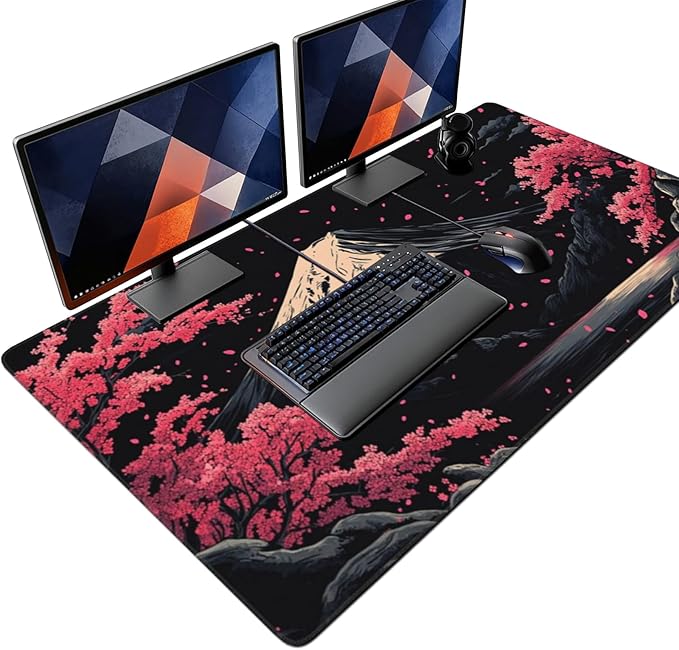 Extra XXXL Japanese Cherry Blossom Gaming Mouse Pad, Watercolor Mouse Pads Keyboard Mat, Stitched Edges Mousepad, Non-Slip Rubber Base Desk Mat for Office & Home (48x24 Inch)