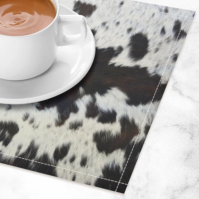 Cow Fur Placemats Farmhouse Western Farm Animal Skin Brow and White Cowhide Print Linen Washable Table Mats Stain Heat-Resistant Desktop Decor Place Mats for Home Kitchen Dining Party 12x18 in 6 Pcs