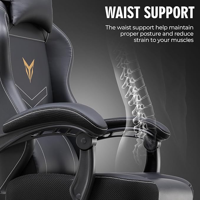 GTPLAYER Gaming Chair, Office Chair High Back Computer Chair with Foot Rest for Adults, Leather Desk Chair Executive Ergonomic Height Adjustable with Headrest and Lumbar Support, 300lbs Dark Black