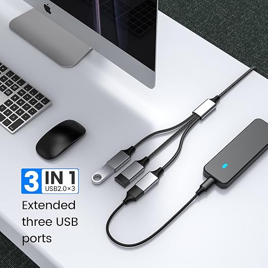 Fidioto USB Extension Cable, 4Ft Long USB Cable, USB Y Splitter 1 Male to 3 Female USBA Adapter Compatible with Webcam, Camera, Phone, hub, Mouse, Keyboard, Printer, Hard Drive, Headset, Xbox