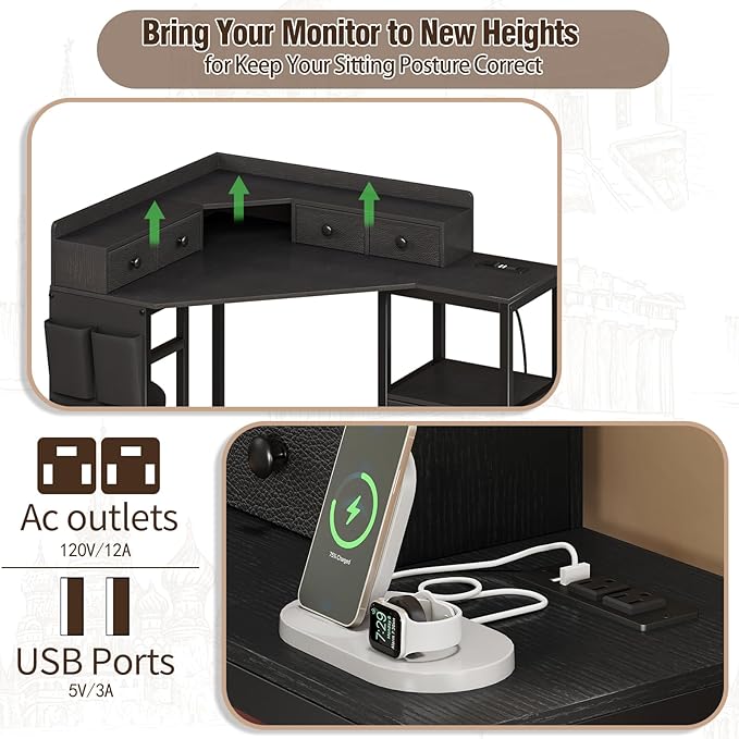 VENNQD Corner Desk with 6 Drawers Shelves for Small Space Computer Desk with Power Outlets,Gaming Desk with Printer Monitor Stand Storage for Home Office Workstation Writing Table (Black, 31.5)