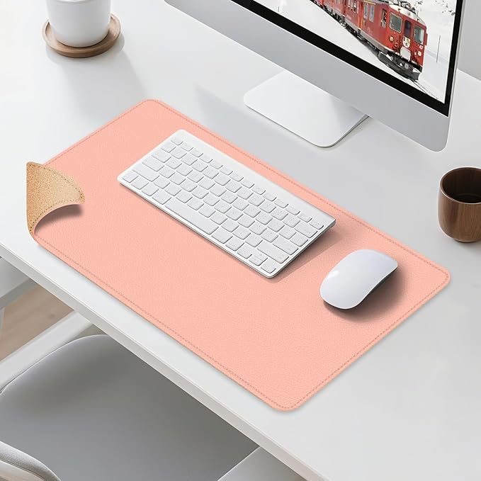 Leather Mouse Pad with Stitched Edge, Waterproof Gaming Mouse Mat for Computers, Laptop, Office & Home (Pink, 25"*13")