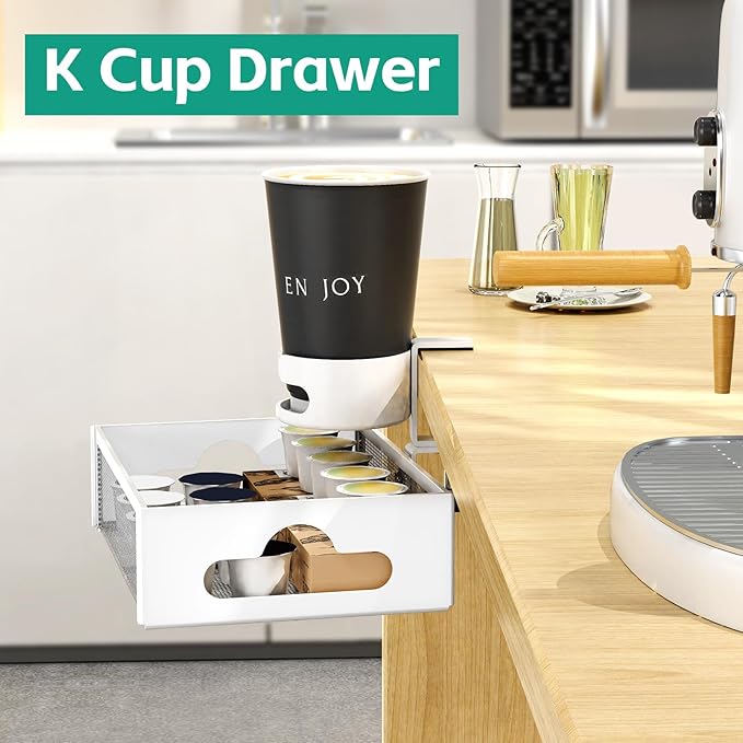 CABTE Desk Cup Holder with Drawer Organizer, Anti-Spill Clip-On Table Cup Hook with 360° Rotation Hidden Storage Box for Office Home Gaming Table (White)