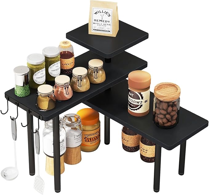IBUYKE Countertop Organizer,3-Tier Spice Racks,Kitchen Counter Corner Shelf,4 Side Hooks,Adjustable Countertop Shelf for Kitchen, Bathroom, Coffee Bar, Cabinet, Desk,Black,TLJ023B