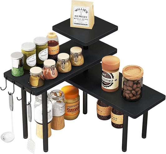 IBUYKE Countertop Organizer,3-Tier Spice Racks,Kitchen Counter Corner Shelf,4 Side Hooks,Adjustable Countertop Shelf for Kitchen, Bathroom, Coffee Bar, Cabinet, Desk,Black,TLJ023B