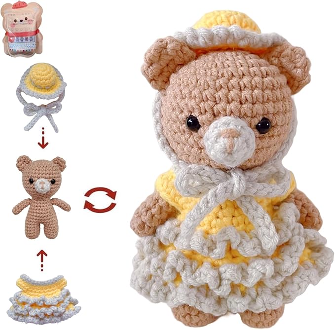 LoopMap Amigurumi Crochet Kit for Beginners with Removable Dress & Video Tutorials, DIY Bear Making Kit Includes Premium Yarn & Tools, Creative Gift for Adults Teens (Yellow)
