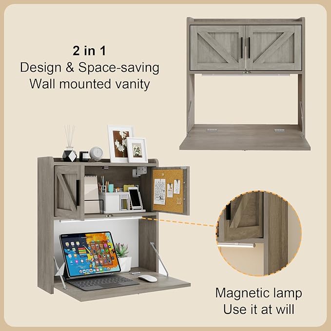 ARTETHYS Wall Mounted Desk with LED Light Farmhouse Multifunctional Fold Down Laptop Computer Table Writing Workstation with Storage Compartments Space Saving for Home Office, Gray