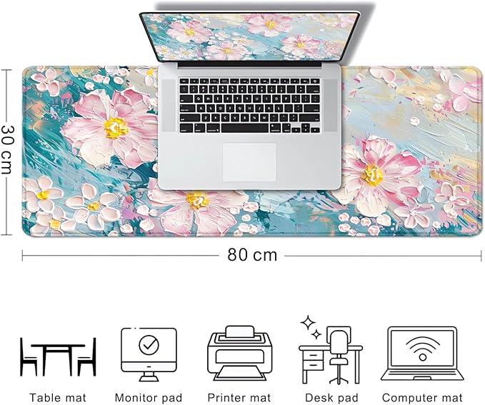 Large Mouse Pad Mousepad, Pink Flowers in a Blue Desk Mats for Desktop, Watercolor Beautiful Floral Laptop Computer Desk Pad, Non-Slip Rubber Base Desktop Mat, 31.5 x 11.8 inches