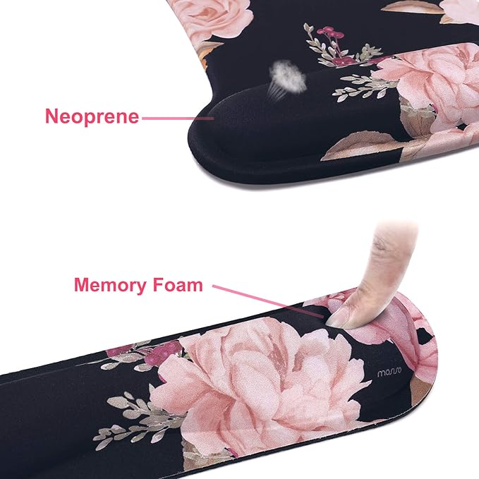MOSISO Wrist Rest Support for Mouse Pad & Keyboard Set, Peony Ergonomic Mousepad Non-Slip Base Home/Office Pain Relief & Easy Typing Cushion with Neoprene Cloth & Raised Memory Foam, Black