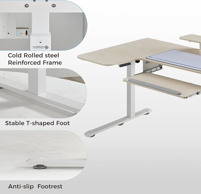 EUREKA ERGONOMIC 55 Inch L Shaped Electric Standing Desk, Height Adjustable Computer Gaming Desk with Keyboard Tray, Mouse Pad, Home Office Work, Maple Wood, Left Side