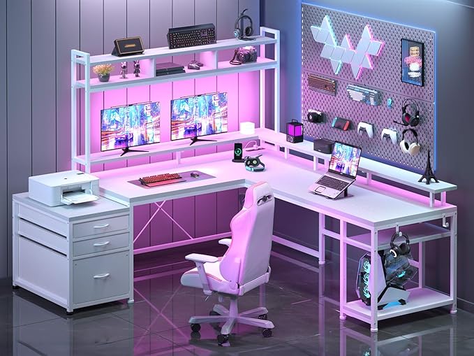 EnHomee 64 x 60 Inch L Shaped Desk with Shelf and Drawers, Gaming Desk with Power Outlet & Monitor Stand & LED Lights, Reversible White Vanity Desk, Two Person Desk for Living, Gaming Room, White