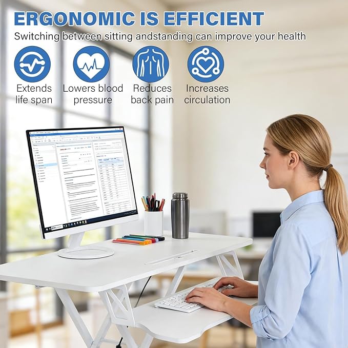 37" Height Adjustable Standing Desk Converter, Two Monitor Stable Stand up Desk Converter, 5.9"-18.8" Height Adjustable Laptop Workstation with Keyboard Tray, Desktop Riser for Home and Company