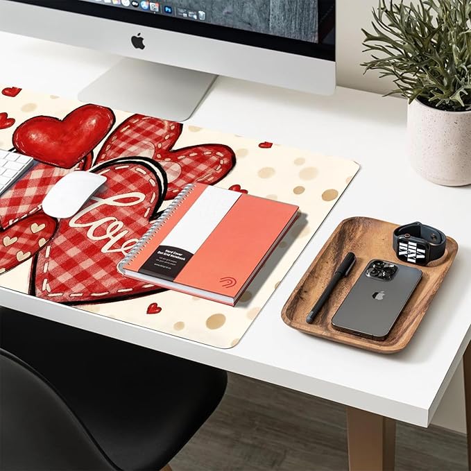 Valentine Desk Mat, Beige Checked Heart Large Mouse Pad for Desktop, PU Leather Waterproof Desk Pad, Computer PC Laptop Protector Gaming Mouse Pads Valentine's Day Gifts for Her Him (23.6" x 11.8")